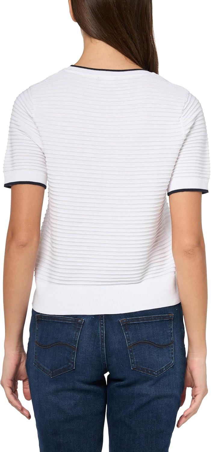 imageNautica Womens Short Sleeve Striped Pullover Sweater with TippingBright White Night Sky
