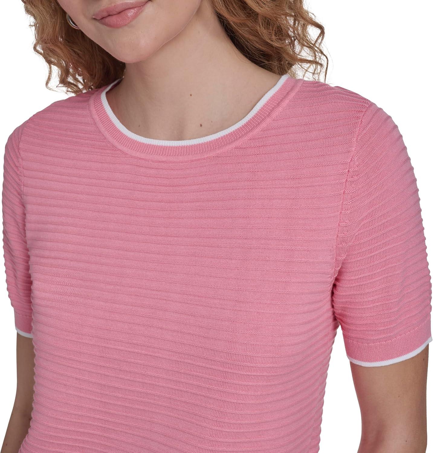 imageNautica Womens Short Sleeve Striped Pullover Sweater with TippingEnglish RoseWhite