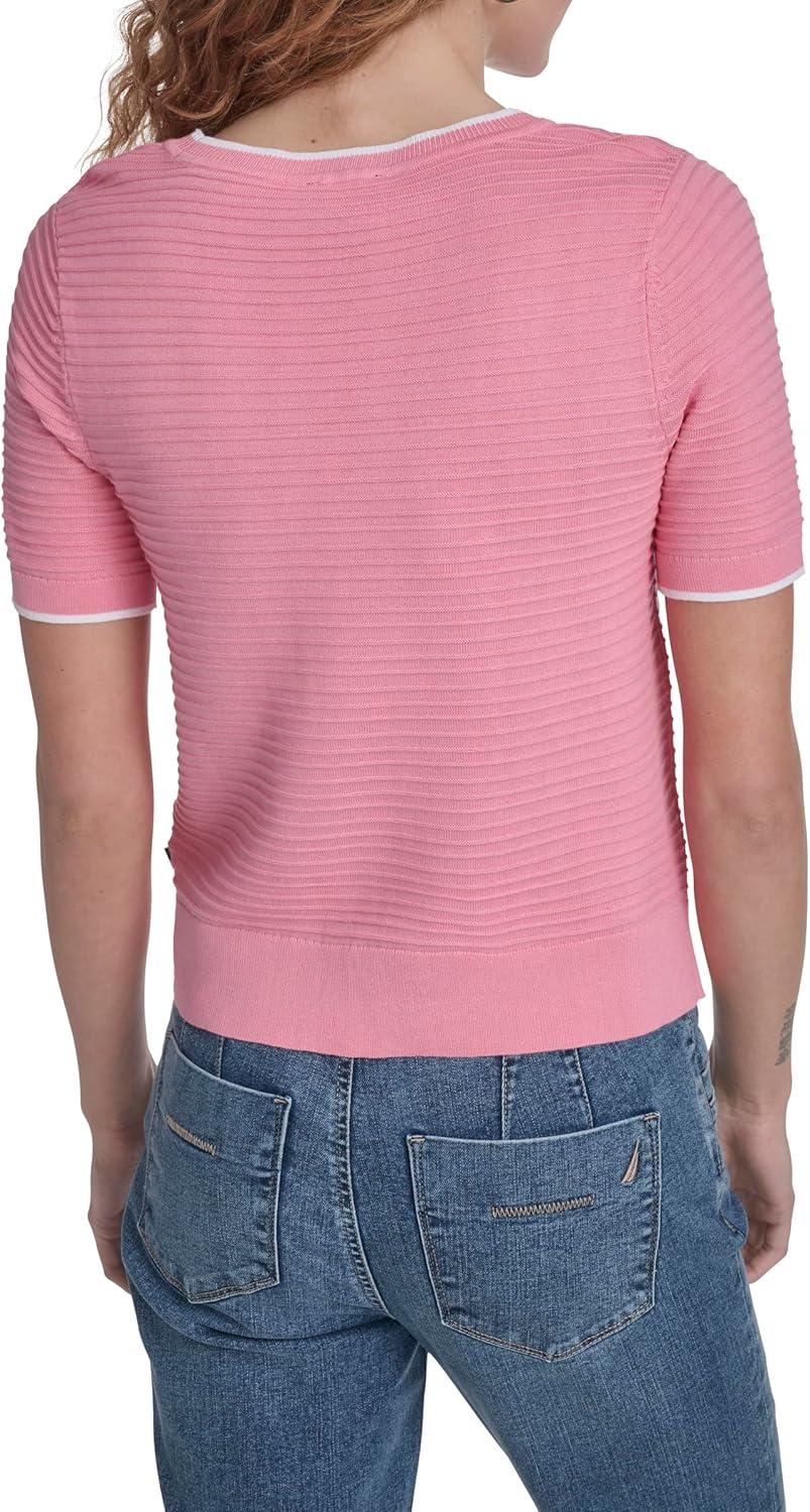 imageNautica Womens Short Sleeve Striped Pullover Sweater with TippingEnglish RoseWhite
