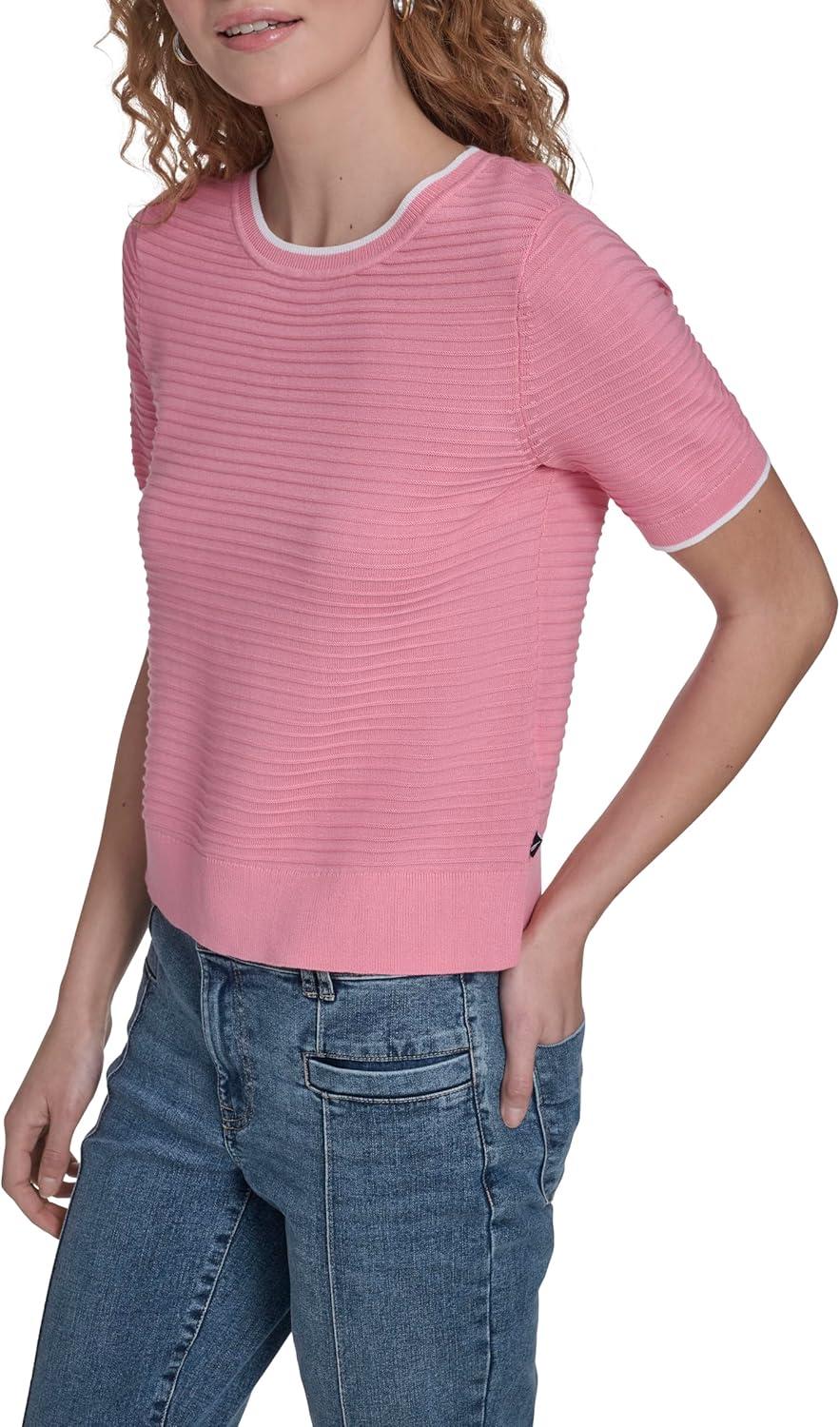 imageNautica Womens Short Sleeve Striped Pullover Sweater with TippingEnglish RoseWhite