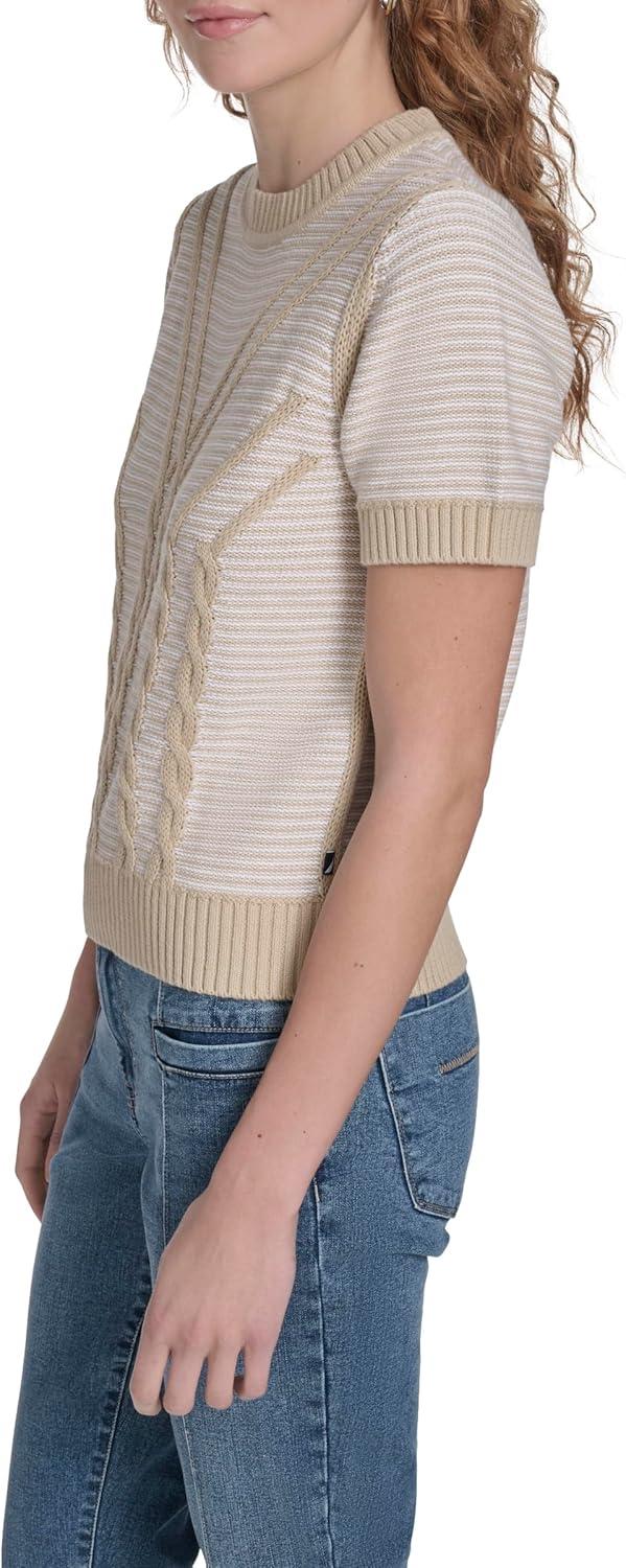 imageNautica Womens Short Sleeve Striped Pullover Sweater with TippingNight Sky Bright White