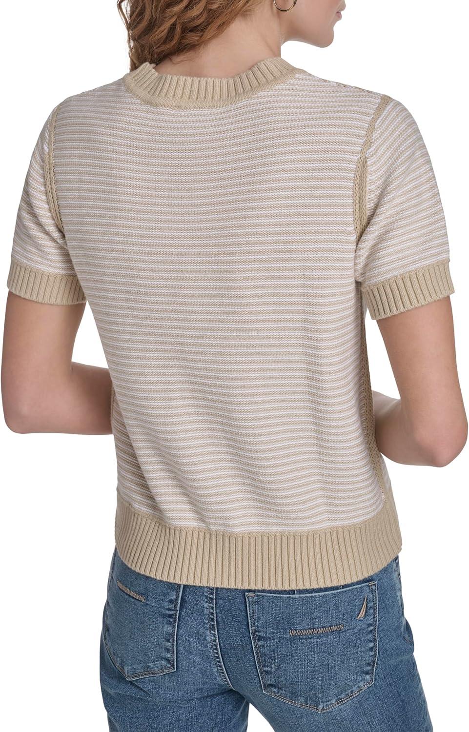 imageNautica Womens Short Sleeve Striped Pullover Sweater with TippingNight Sky Bright White