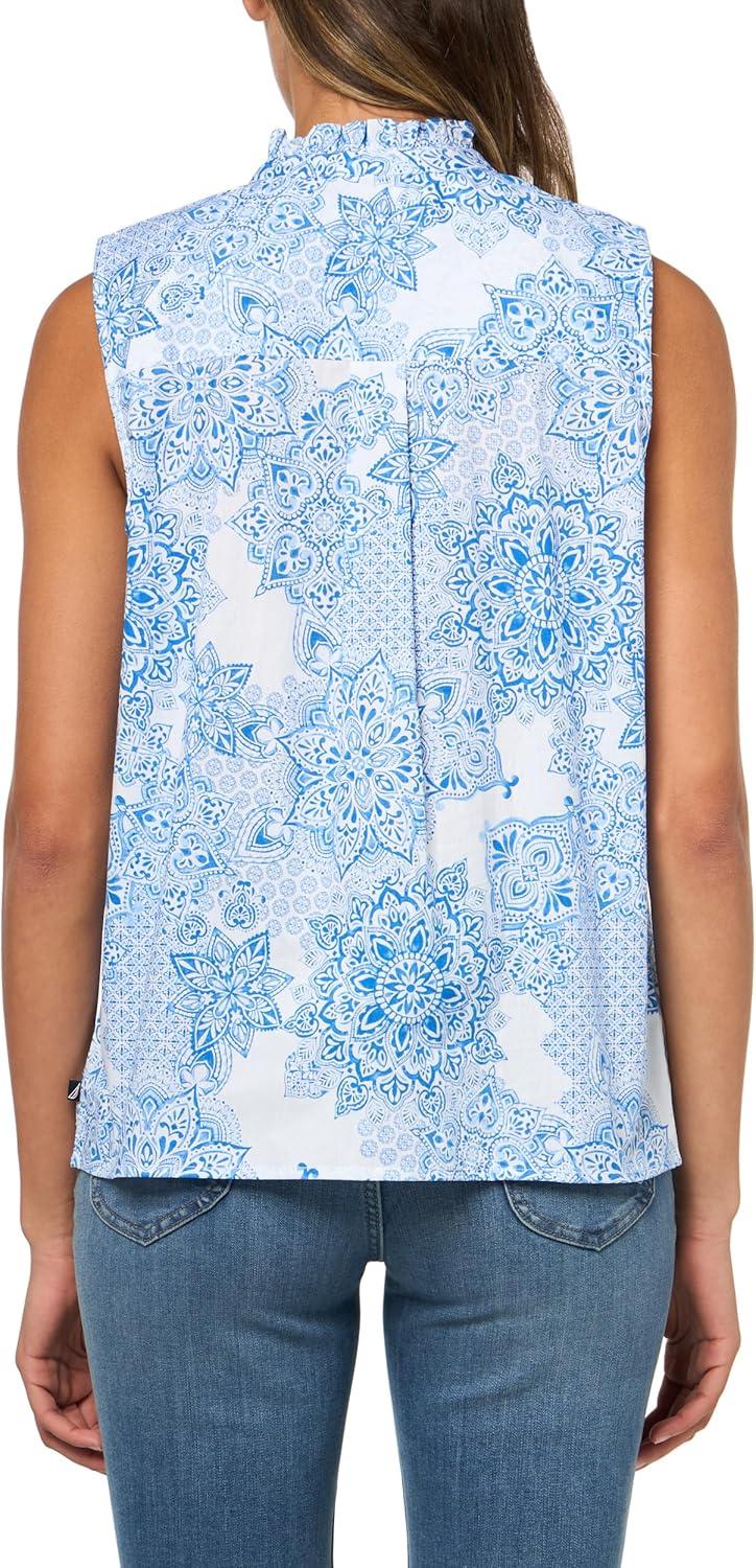 imageNautica Womens Sleeveless Pintuck Ruffle Neck Tile Print ShirtIvory Multi