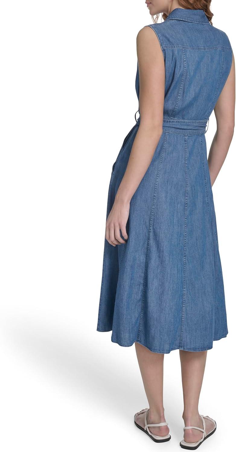imageNautica Womens Sleeveless Shirtdress Belted Chambray DressMedium Azure