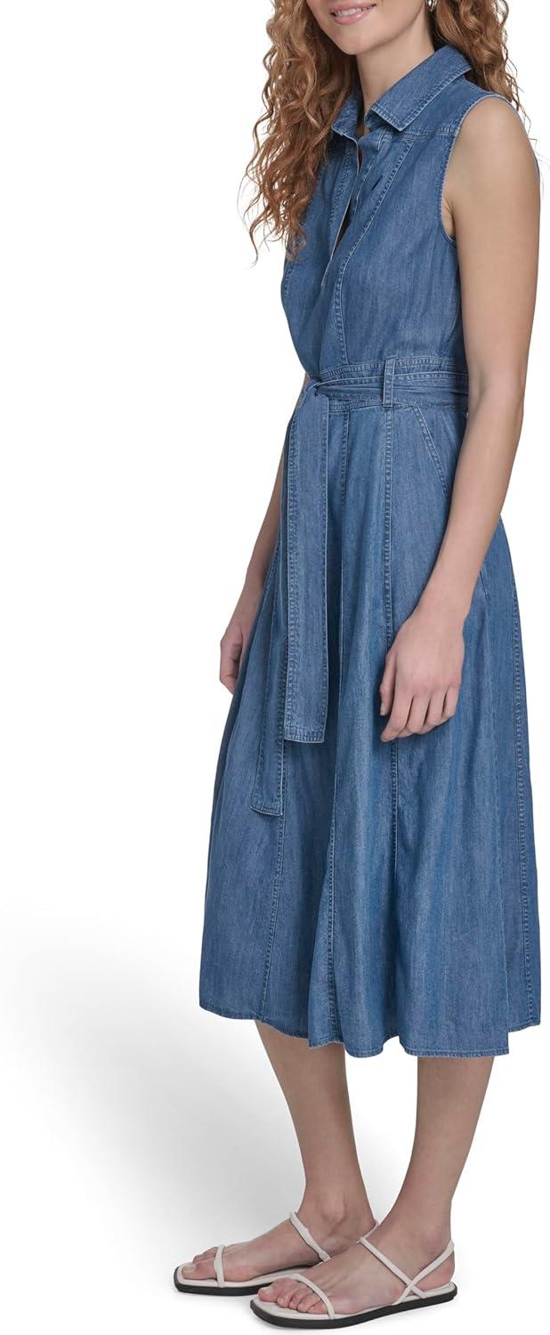 imageNautica Womens Sleeveless Shirtdress Belted Chambray DressMedium Azure