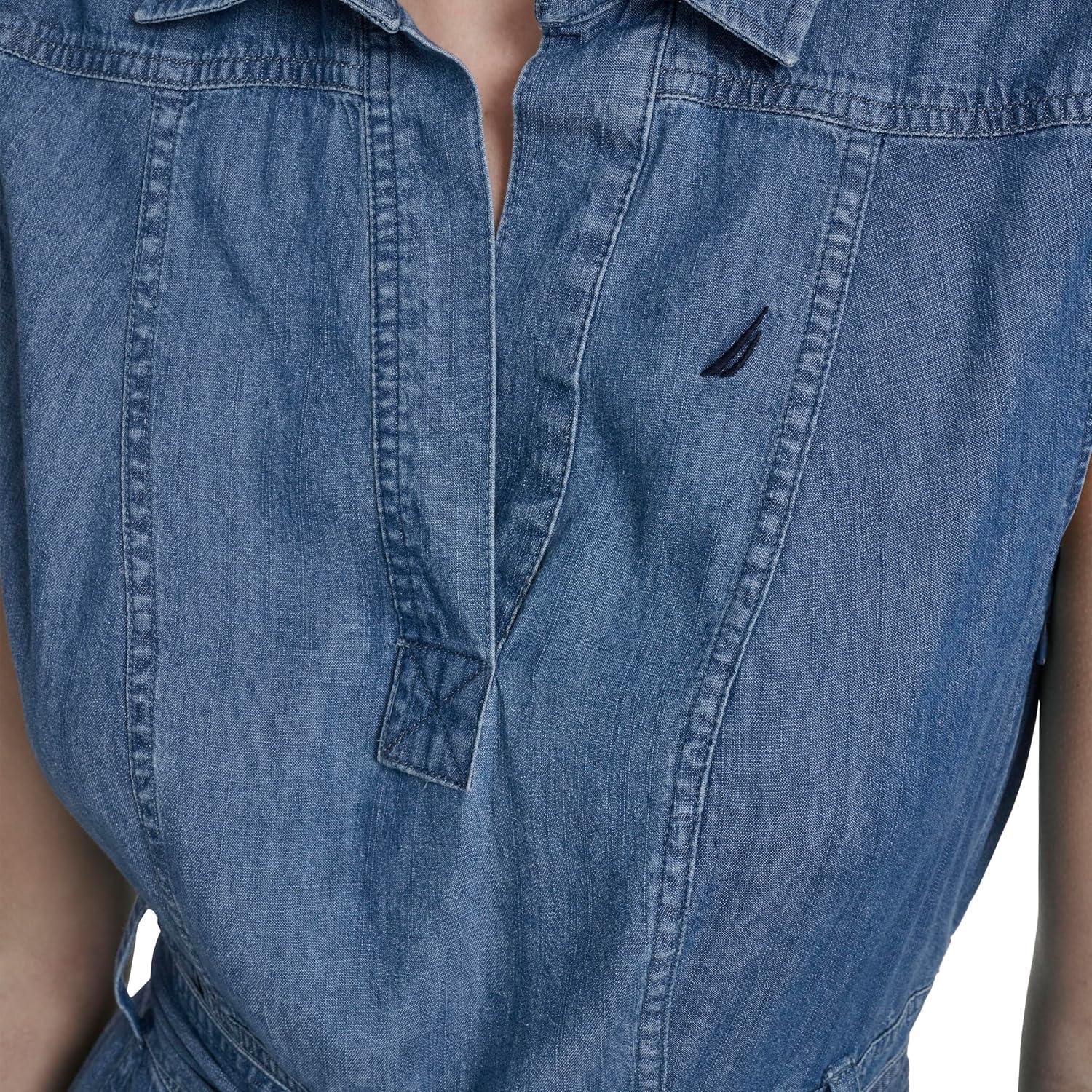 imageNautica Womens Sleeveless Shirtdress Belted Chambray DressMedium Azure
