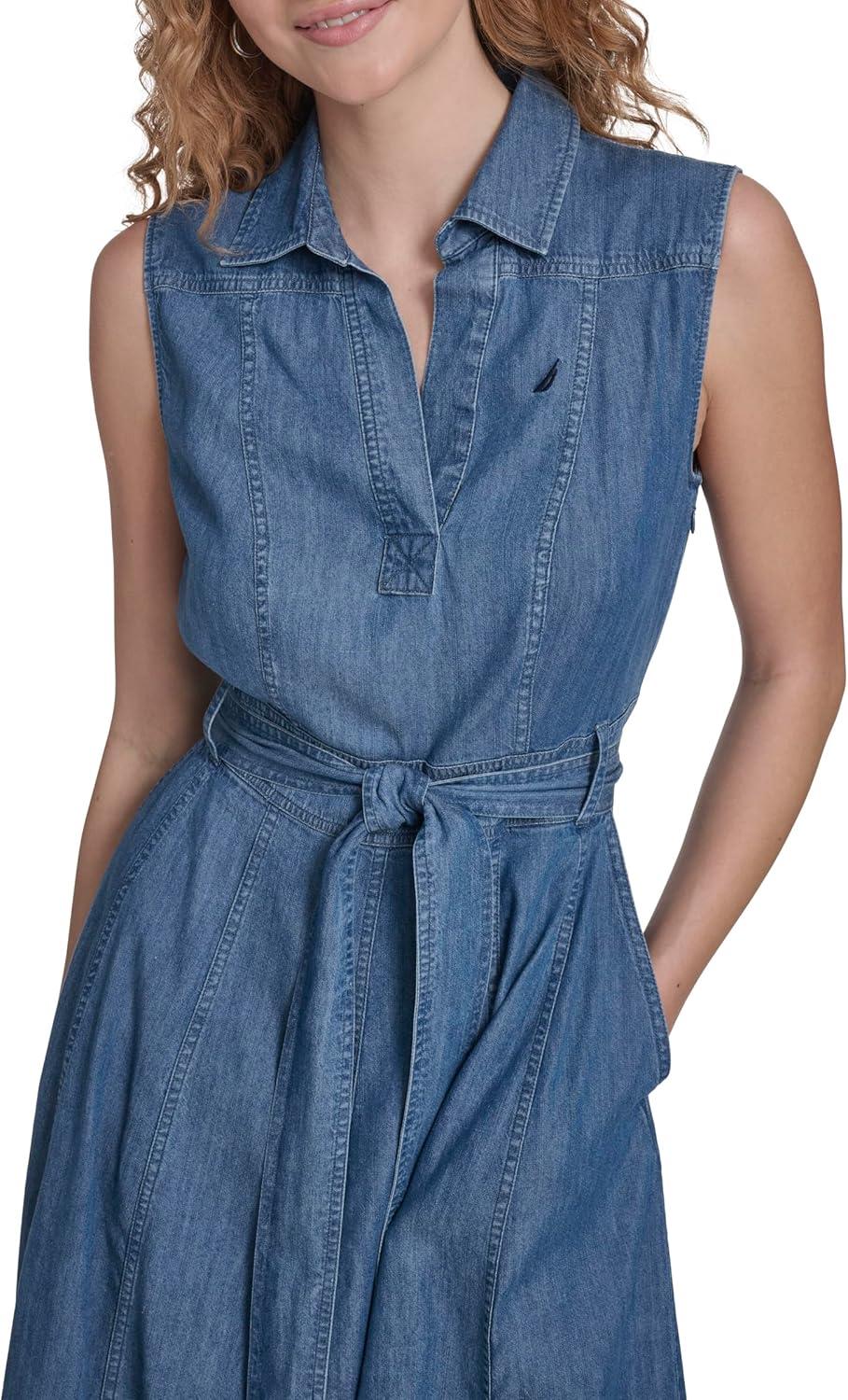 imageNautica Womens Sleeveless Shirtdress Belted Chambray DressMedium Azure