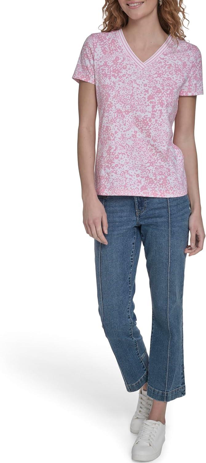 imageNautica Womens Solid VNeck Short Sleeve TShirtEnglish Rose Multi