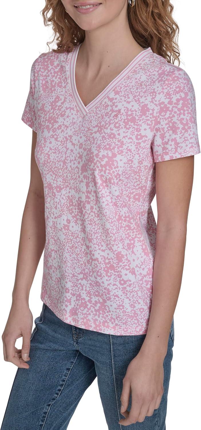 imageNautica Womens Solid VNeck Short Sleeve TShirtEnglish Rose Multi