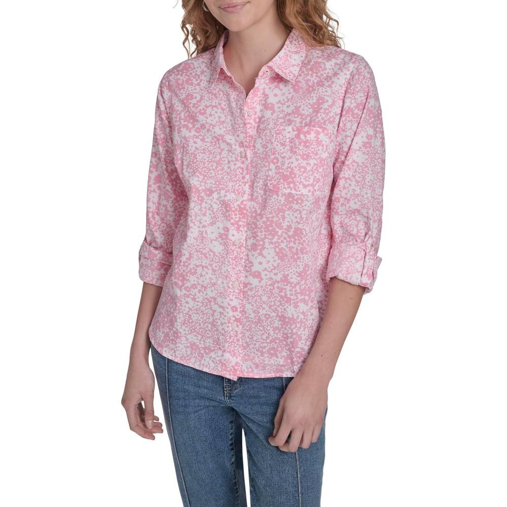 imageNautica Womens Button Front Long Sleeve Roll Tab ShirtEnglish Rose Multi