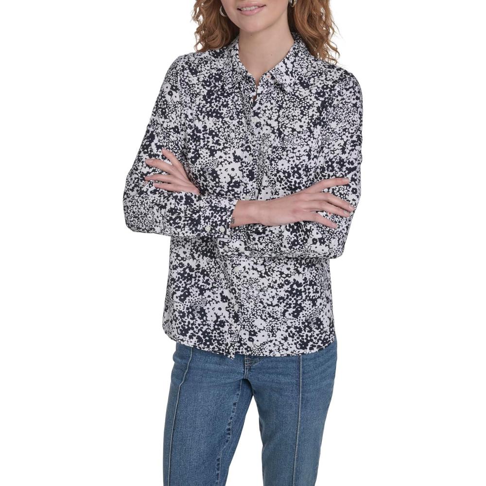 imageNautica Womens Button Front Long Sleeve Roll Tab ShirtNight Sky Bright White