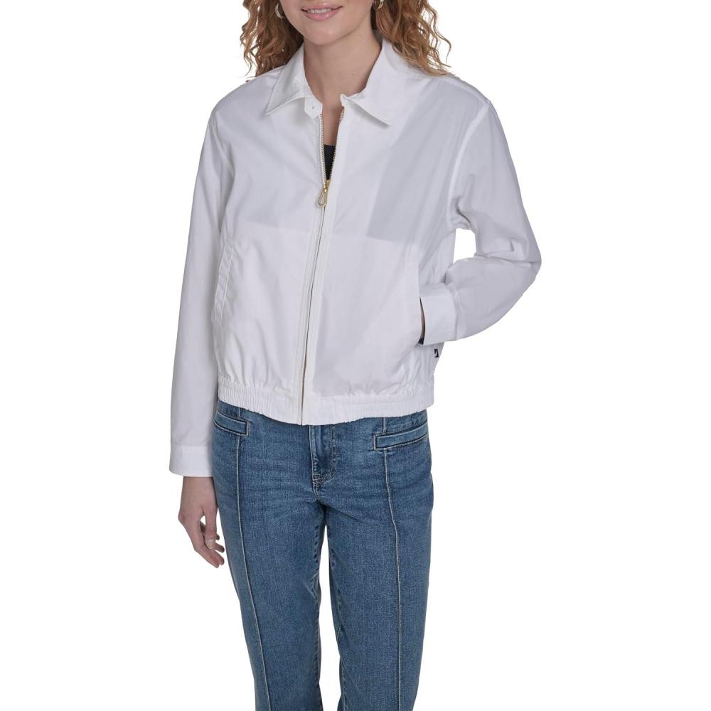 imageNautica Womens Long Sleeve Cotton Collared Zip Front JacketBright White