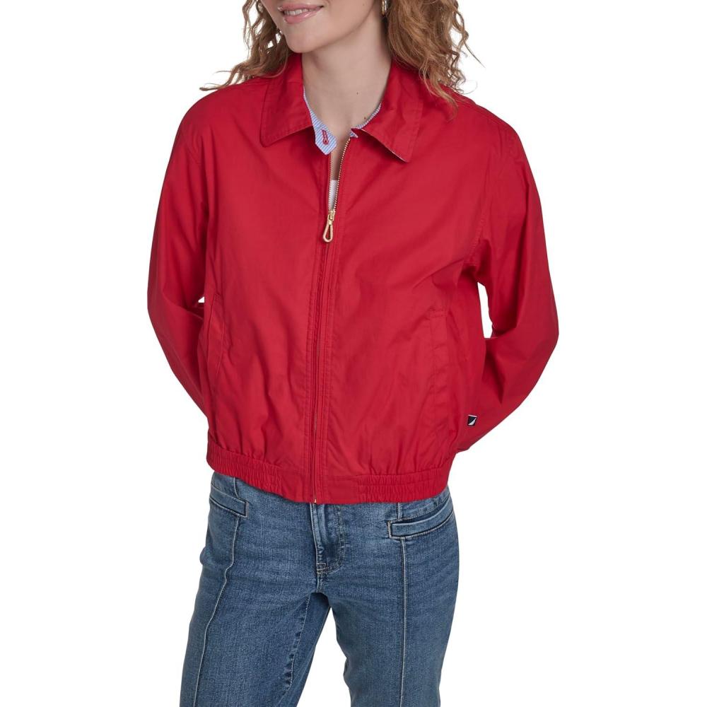 imageNautica Womens Long Sleeve Cotton Collared Zip Front JacketScarlet