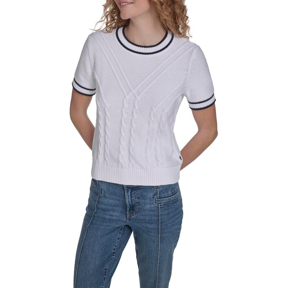 imageNautica Womens Short Sleeve Cable Pullover Sweater with TippingBright White Multi