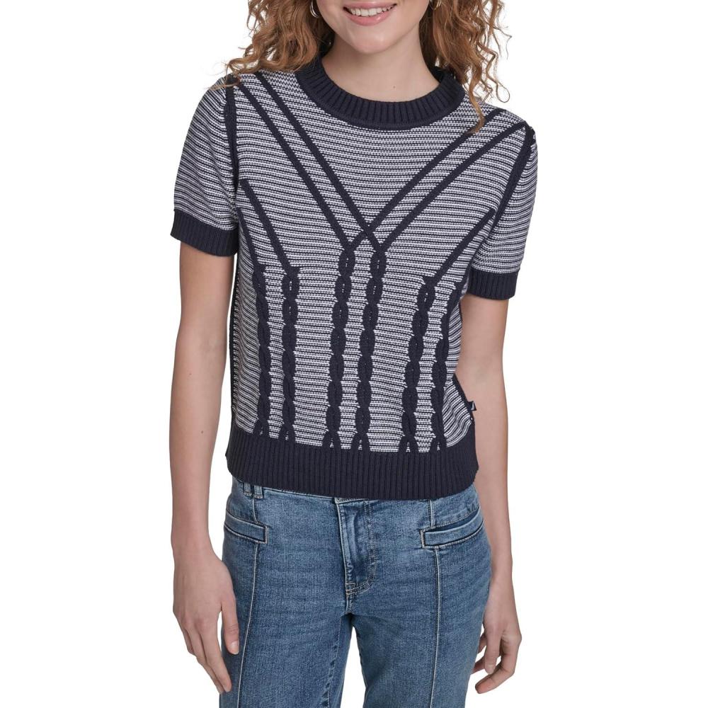 imageNautica Womens Short Sleeve Cable Pullover Sweater with TippingNight Sky Ivory