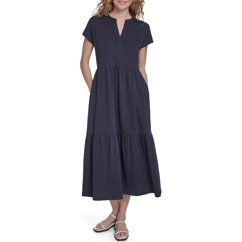 imageNautica Womens Short Sleeve Midi Tiered Solid DressNight Sky