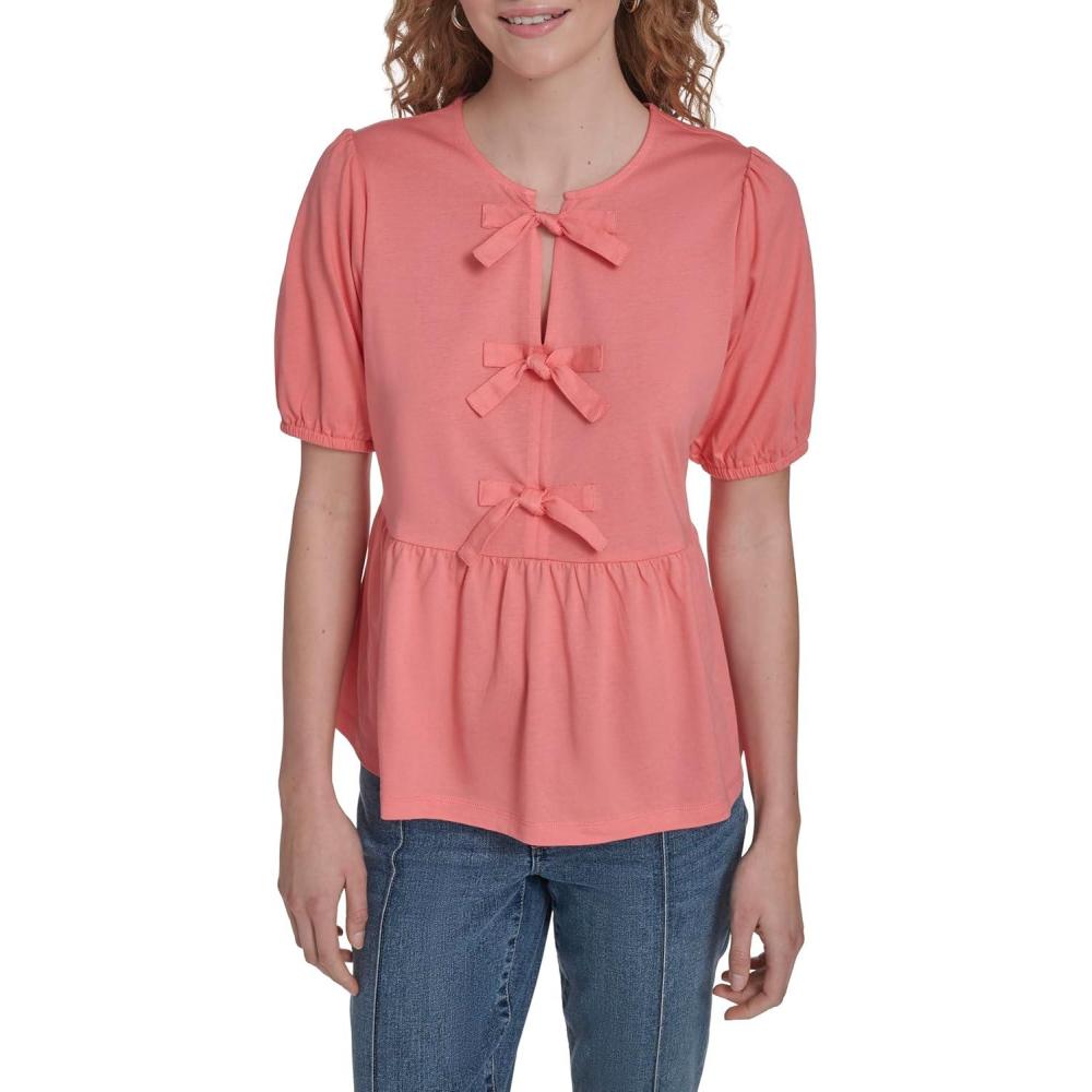 imageNautica Womens Short Sleeve Peplum Solid Bow Detail TopBloom