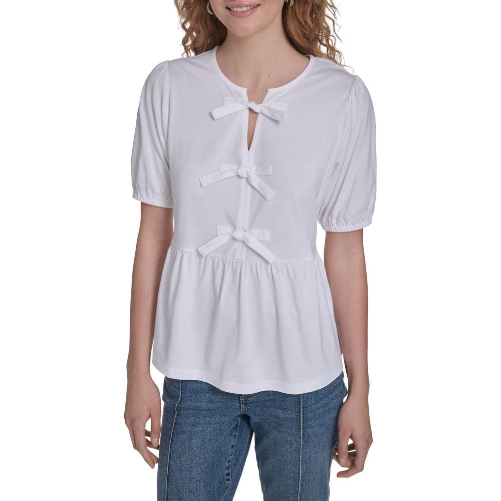 imageNautica Womens Short Sleeve Peplum Solid Bow Detail TopBright White