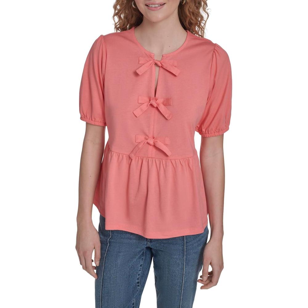 imageNautica Womens Short Sleeve Peplum Solid Bow Detail TopPeony