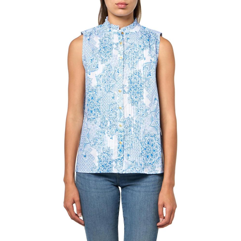imageNautica Womens Sleeveless Pintuck Ruffle Neck Tile Print ShirtIvory Multi