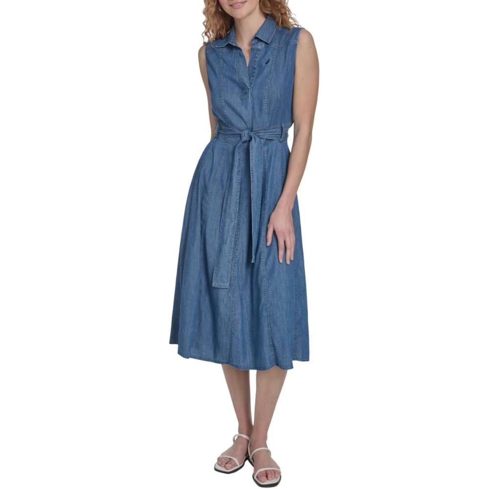 imageNautica Womens Sleeveless Shirtdress Belted Chambray DressMedium Azure