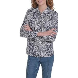 Nautica Women’s Button Front Long Sleeve Roll Tab Shirt(Night Sky/ Bright White)