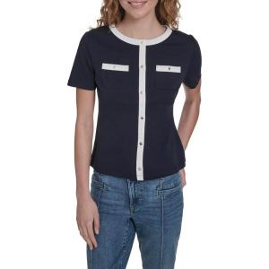 Nautica Women’s Short Sleeve Contrast Knit Pullover Top(Night Sky/ Bright White)