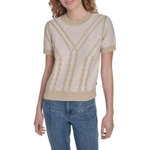 Nautica Women’s Short Sleeve Striped Pullover Sweater with Tipping(Night Sky/ Bright White)