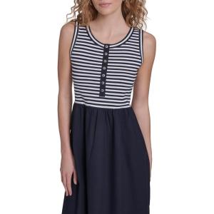 Nautica Women’s Sleeveless Midi Mixed Media Striped Dress(Night Sky/ Bright White)
