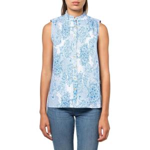 Nautica Women’s Sleeveless Pintuck Ruffle Neck Tile Print Shirt(Ivory Multi)