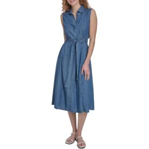 Nautica Women’s Sleeveless Shirtdress Belted Chambray Dress(Medium Azure)