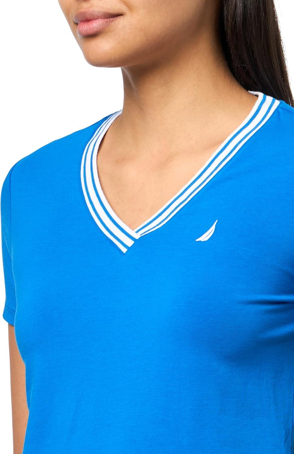 imageNautica Womens Jeans Short Sleeve Solid Cotton VNeck TShirt Cerulean XLarge