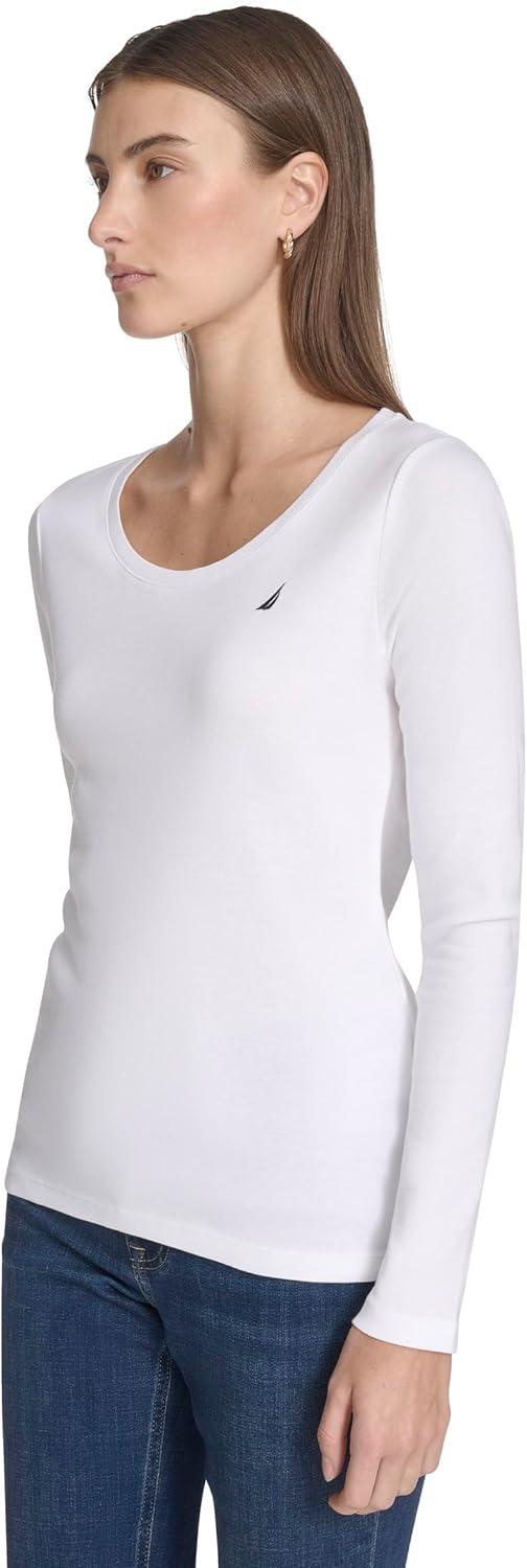 imageNautica Womens Long Sleeve Solid Scoop Neck Cotton TShirtBright White