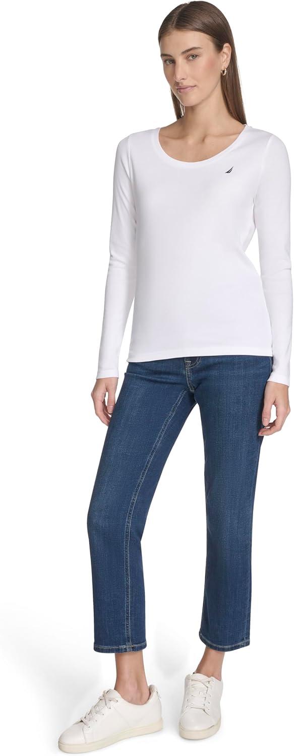 imageNautica Womens Long Sleeve Solid Scoop Neck Cotton TShirtBright White
