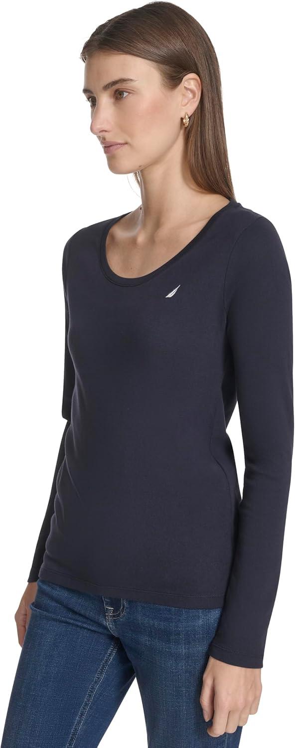 imageNautica Womens Long Sleeve Solid Scoop Neck Cotton TShirtNight Sky