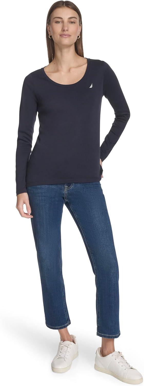 imageNautica Womens Long Sleeve Solid Scoop Neck Cotton TShirtNight Sky