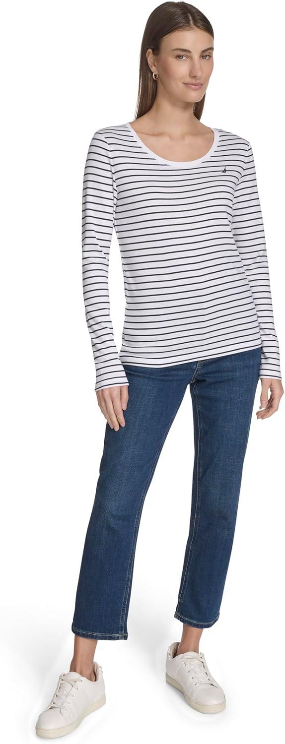 imageNautica Womens Long Sleeve Striped Scoop Neck TShirtBright WhiteNight Sky