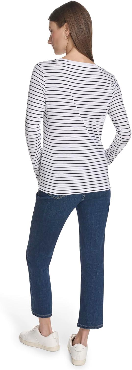 imageNautica Womens Long Sleeve Striped Scoop Neck TShirtBright WhiteNight Sky