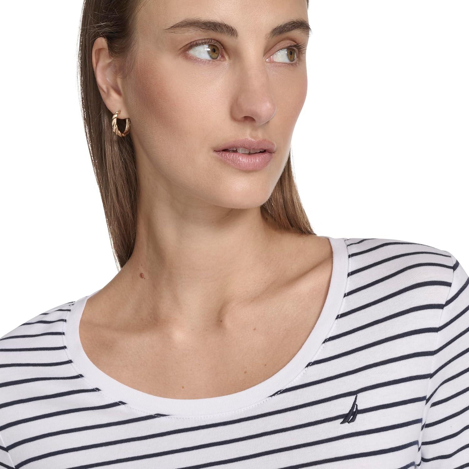 imageNautica Womens Long Sleeve Striped Scoop Neck TShirtBright WhiteNight Sky