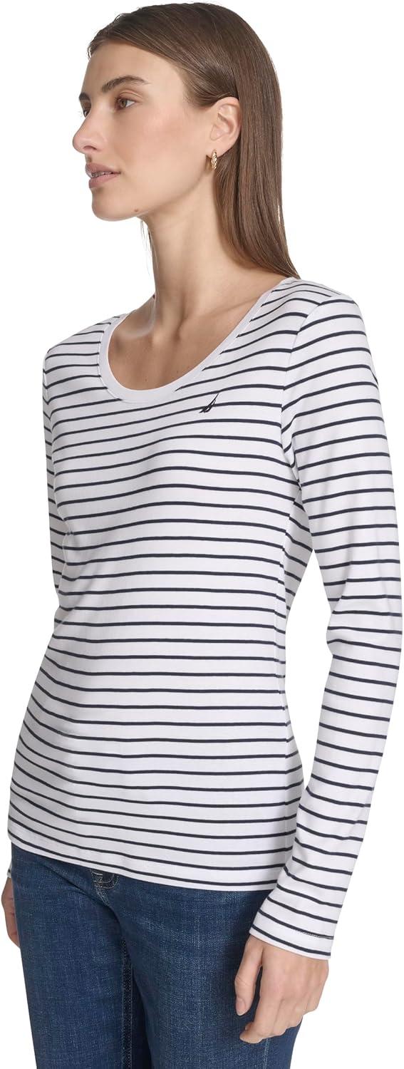 imageNautica Womens Long Sleeve Striped Scoop Neck TShirtBright WhiteNight Sky