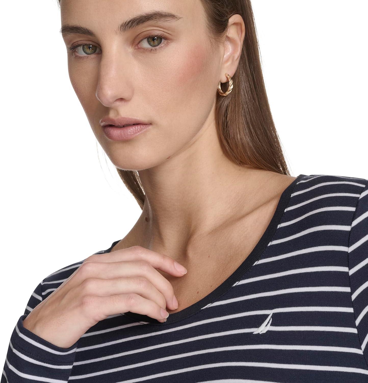 imageNautica Womens Long Sleeve Striped Scoop Neck TShirtNight SkyBright White
