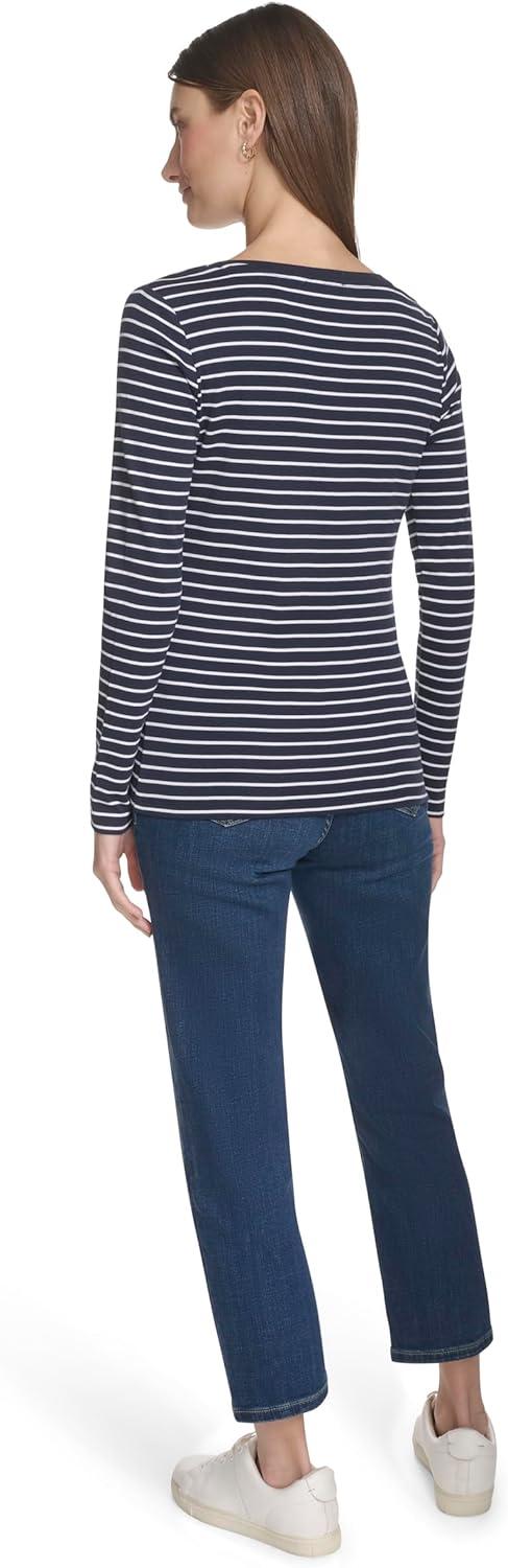 imageNautica Womens Long Sleeve Striped Scoop Neck TShirtNight SkyBright White