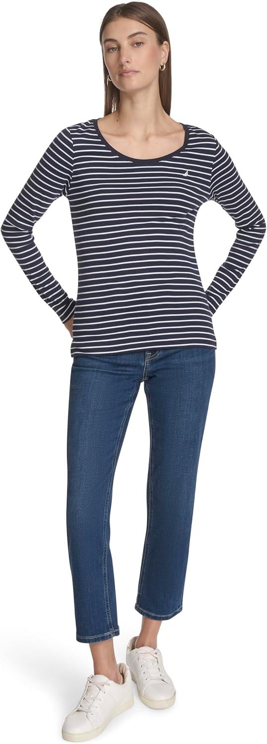 imageNautica Womens Long Sleeve Striped Scoop Neck TShirtNight SkyBright White