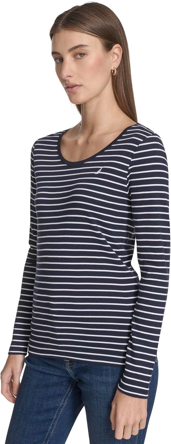 imageNautica Womens Long Sleeve Striped Scoop Neck TShirtNight SkyBright White