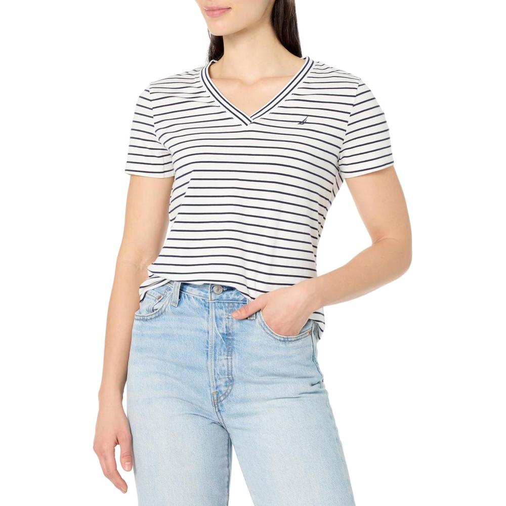 imageNautica Jeans Womens VNeck TShirt Bright WhiteNight Sky L