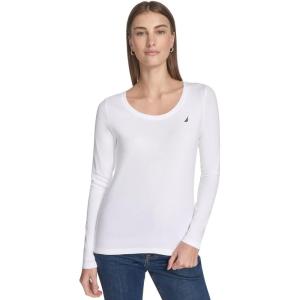 Nautica Women’s Long Sleeve Solid Scoop Neck Cotton T-Shirt(Bright White)