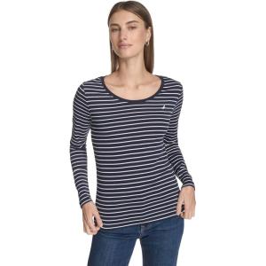 Nautica Women’s Long Sleeve Striped Scoop Neck T-Shirt(Night Sky/Bright White)