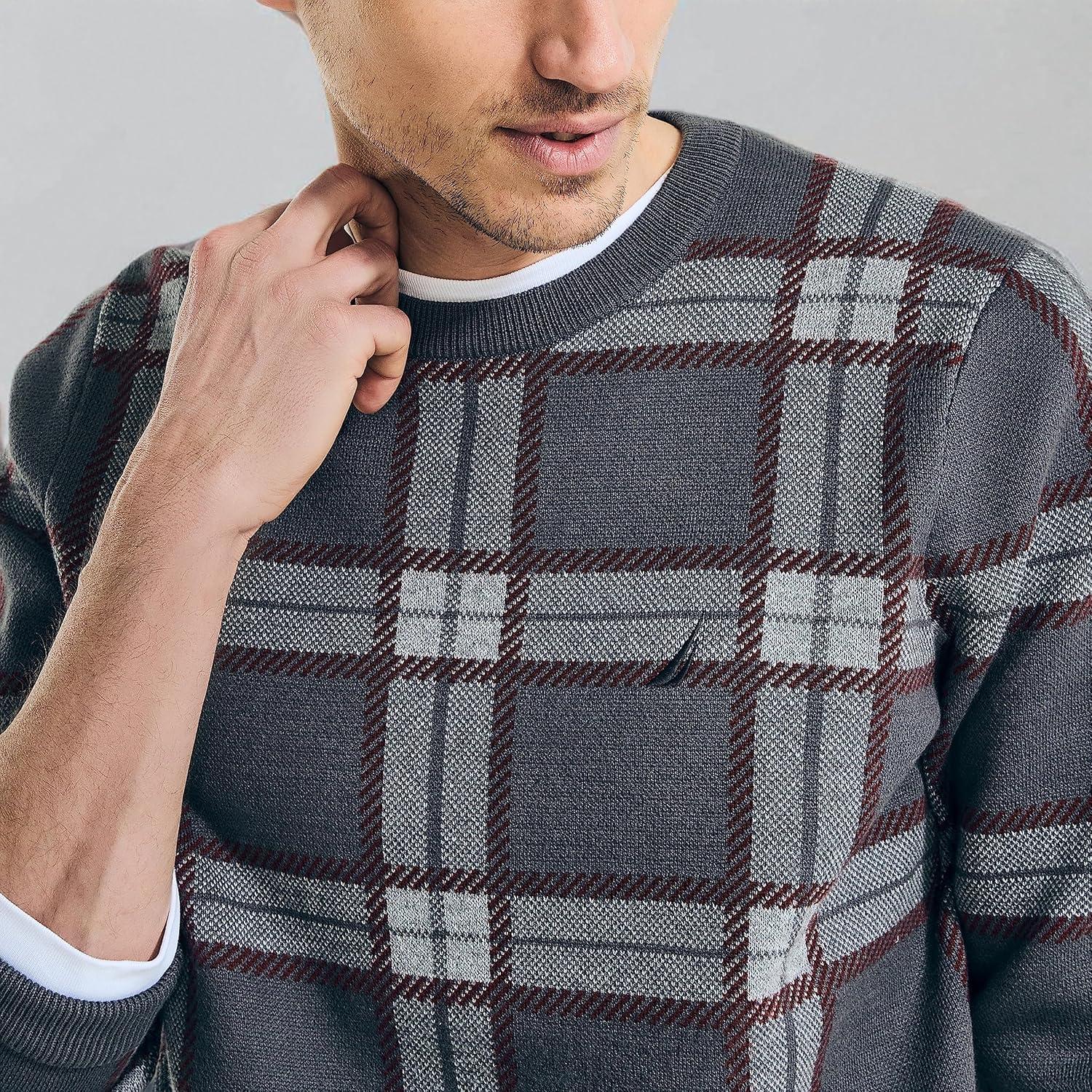 imageNautica Mens Nautica Navtech Plaid Jacquard Crewneck SweaterCarbon