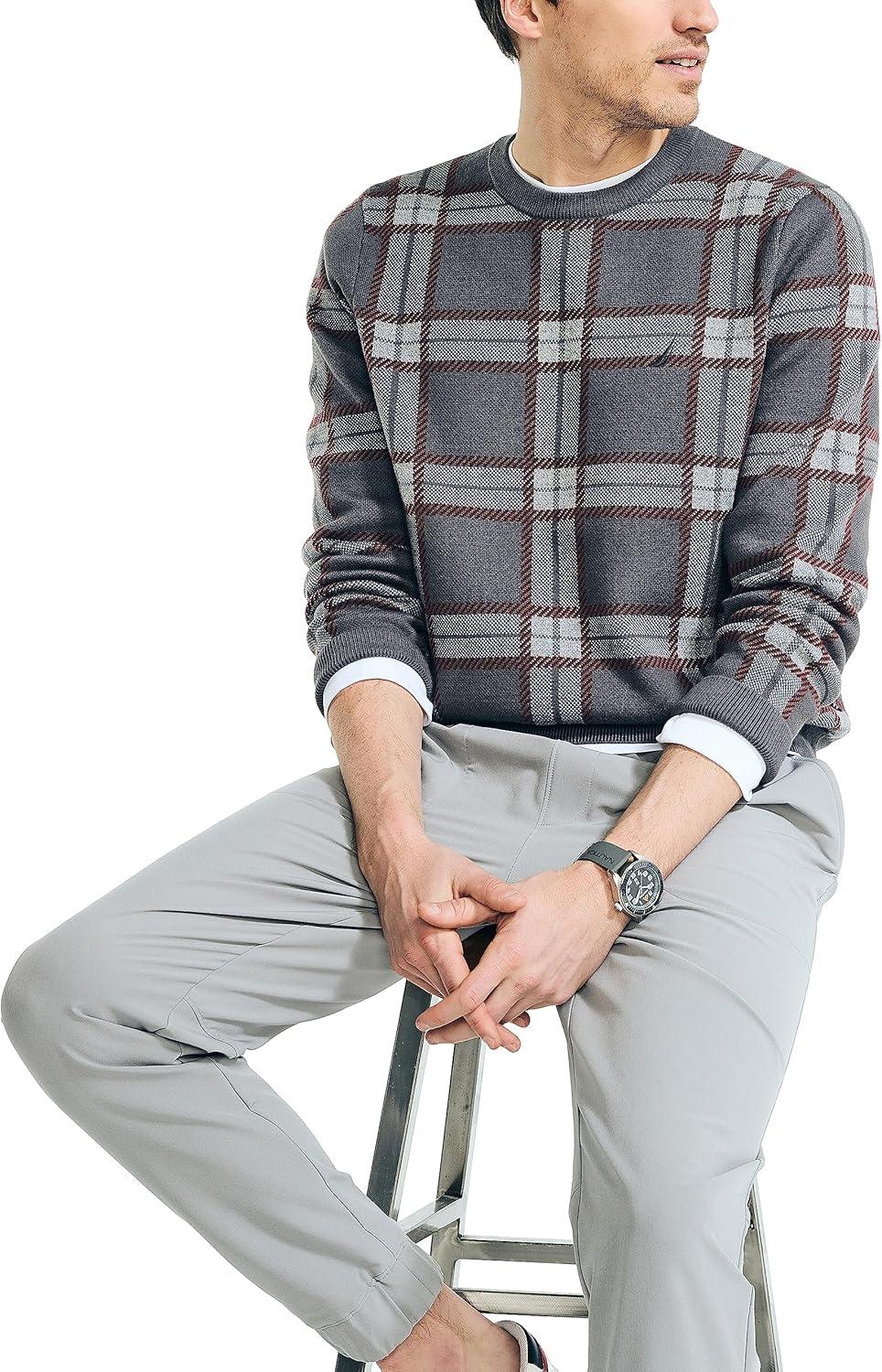 imageNautica Mens Nautica Navtech Plaid Jacquard Crewneck SweaterCarbon