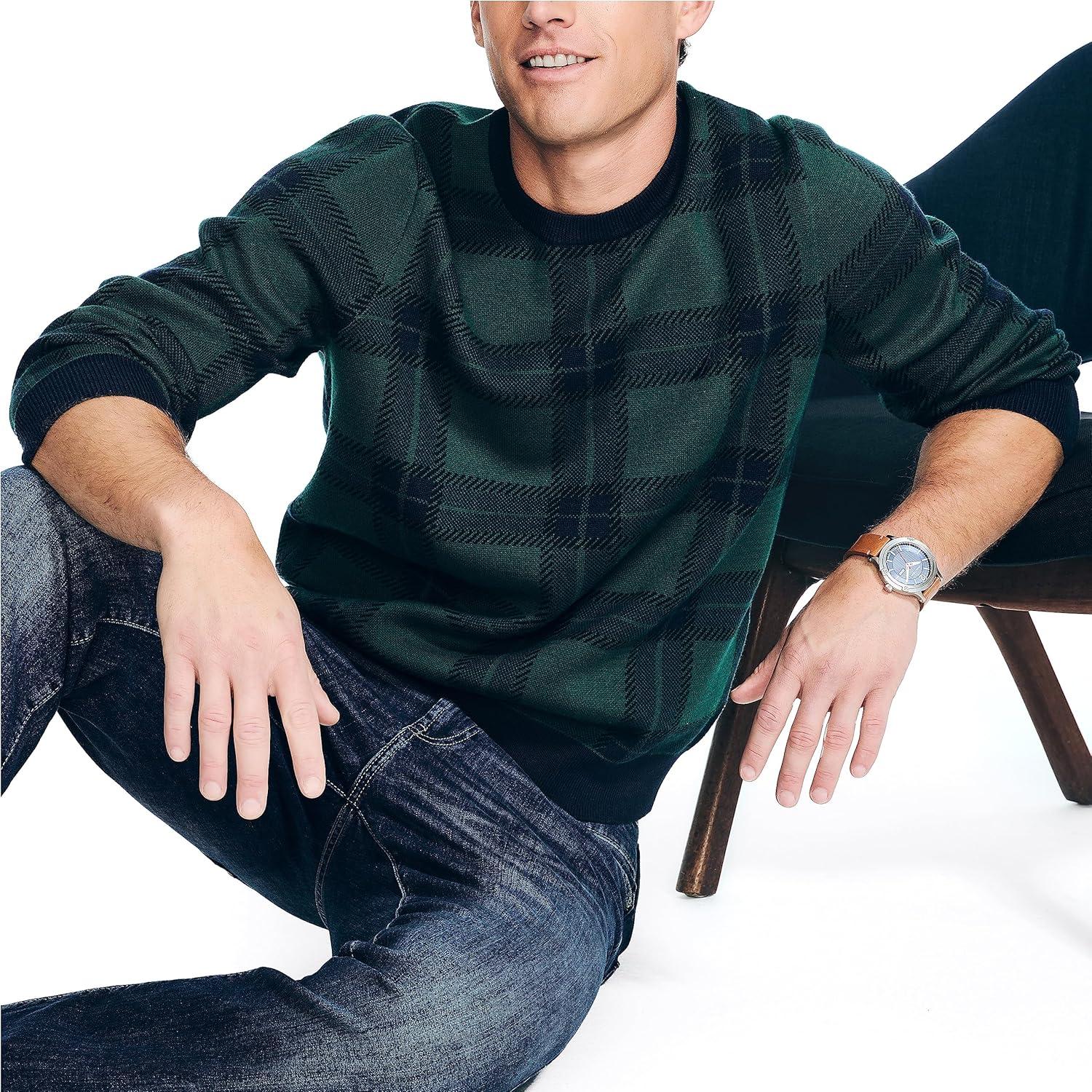 imageNautica Mens Nautica Navtech Plaid Jacquard Crewneck SweaterNavy Seas